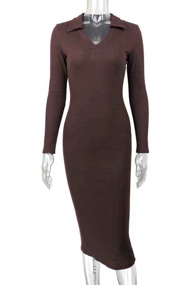 CWDMD4901_SOLID COLOR DEEP V LAPEL SLIM DRESS