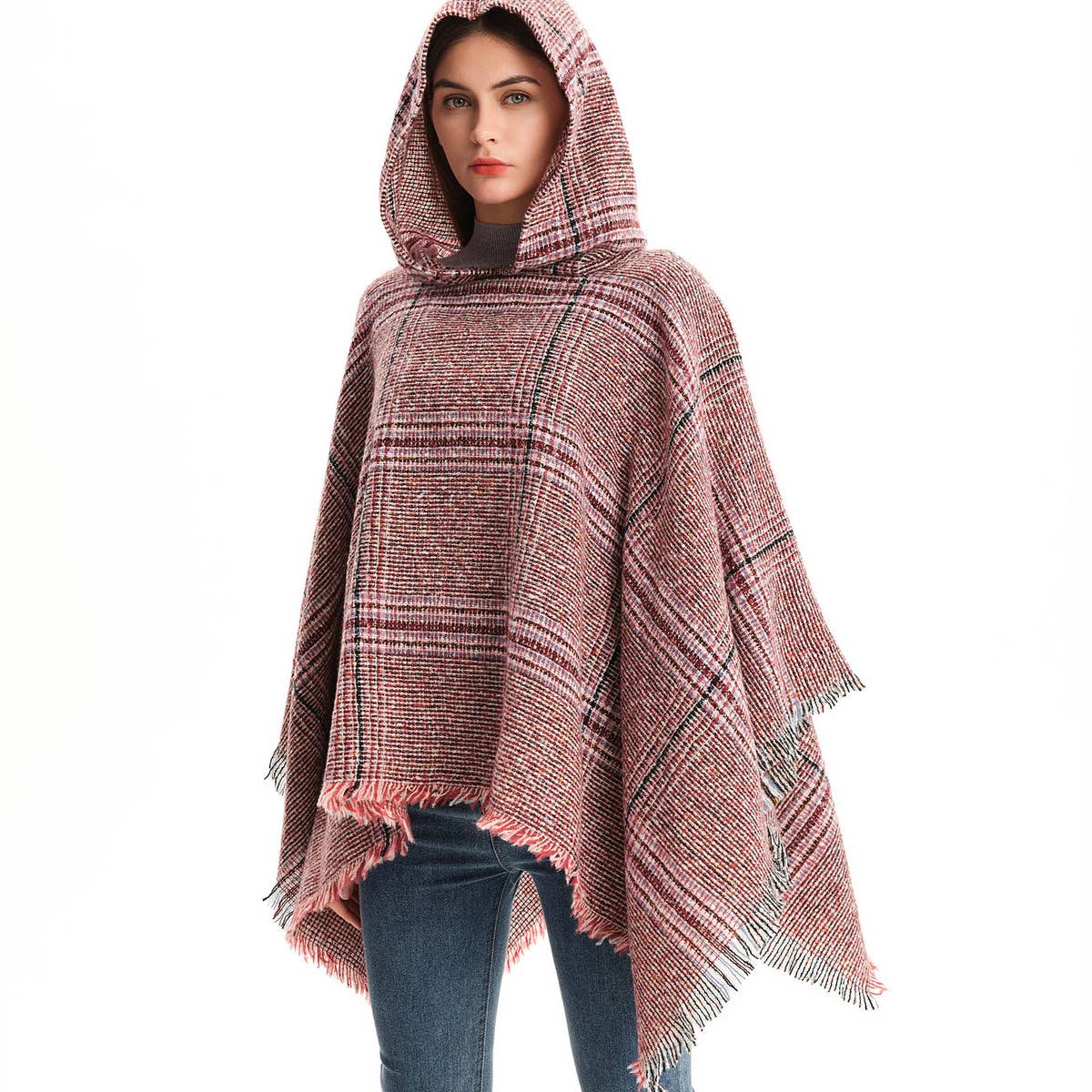 CIRCLE YARN FUR LARGE PLAID HOODED CAPE SHAWL