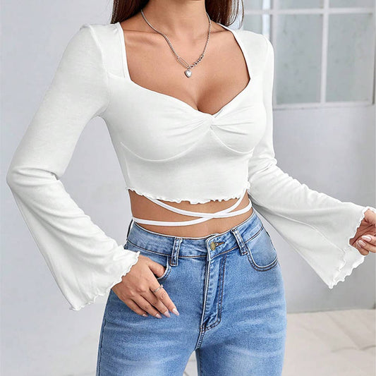 SQUARE NECK STRAP FLARED LONG SLEEVE SHORT TOP