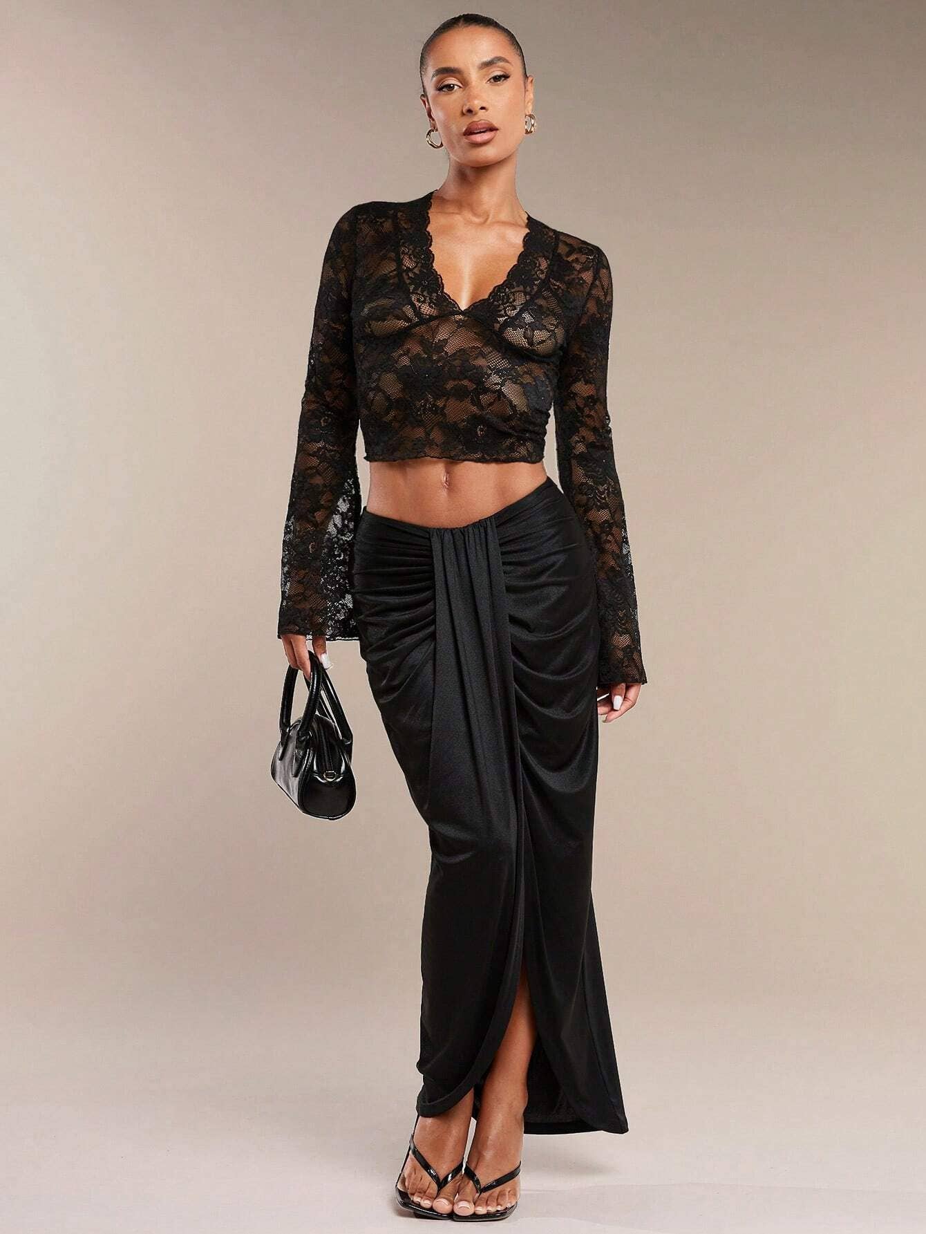 Transparent lace V-neck tight flared top