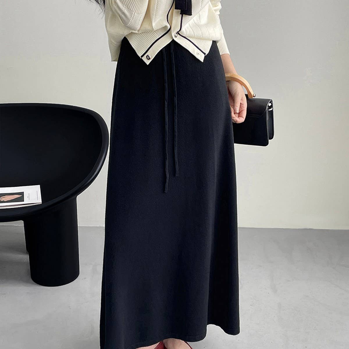 Solid color all-in-one drawstring knit A-line skirt