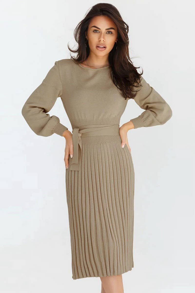 CWDMD4002_ROUND NECK TIE PLEATED MID-LENGTH KNITTED DRESS
