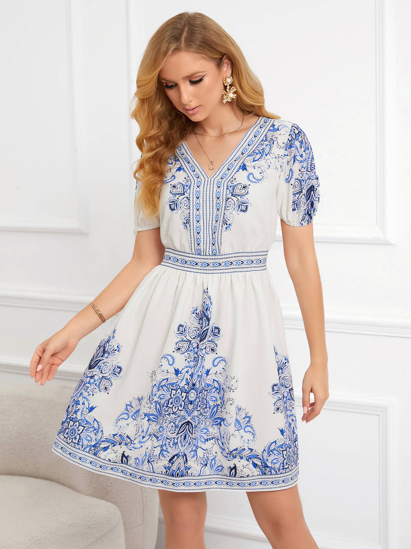 Ethnic style printed V-neck waistline short dress