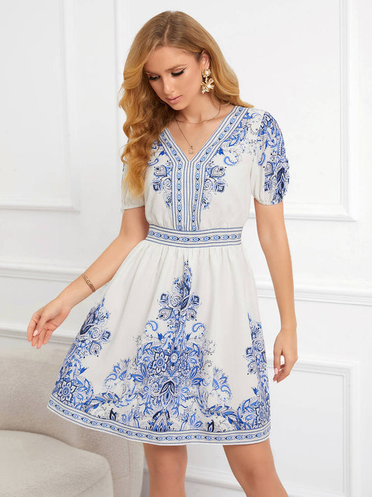 Ethnic style printed V-neck waistline short dress