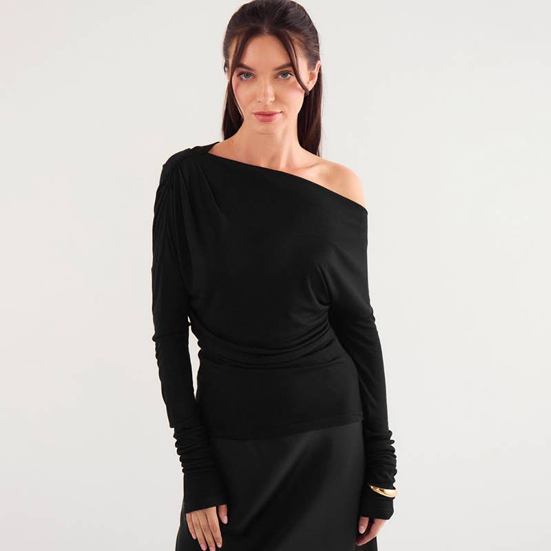 SOLID COLOR SLANT NECK OFF-THE-SHOULDER TOP