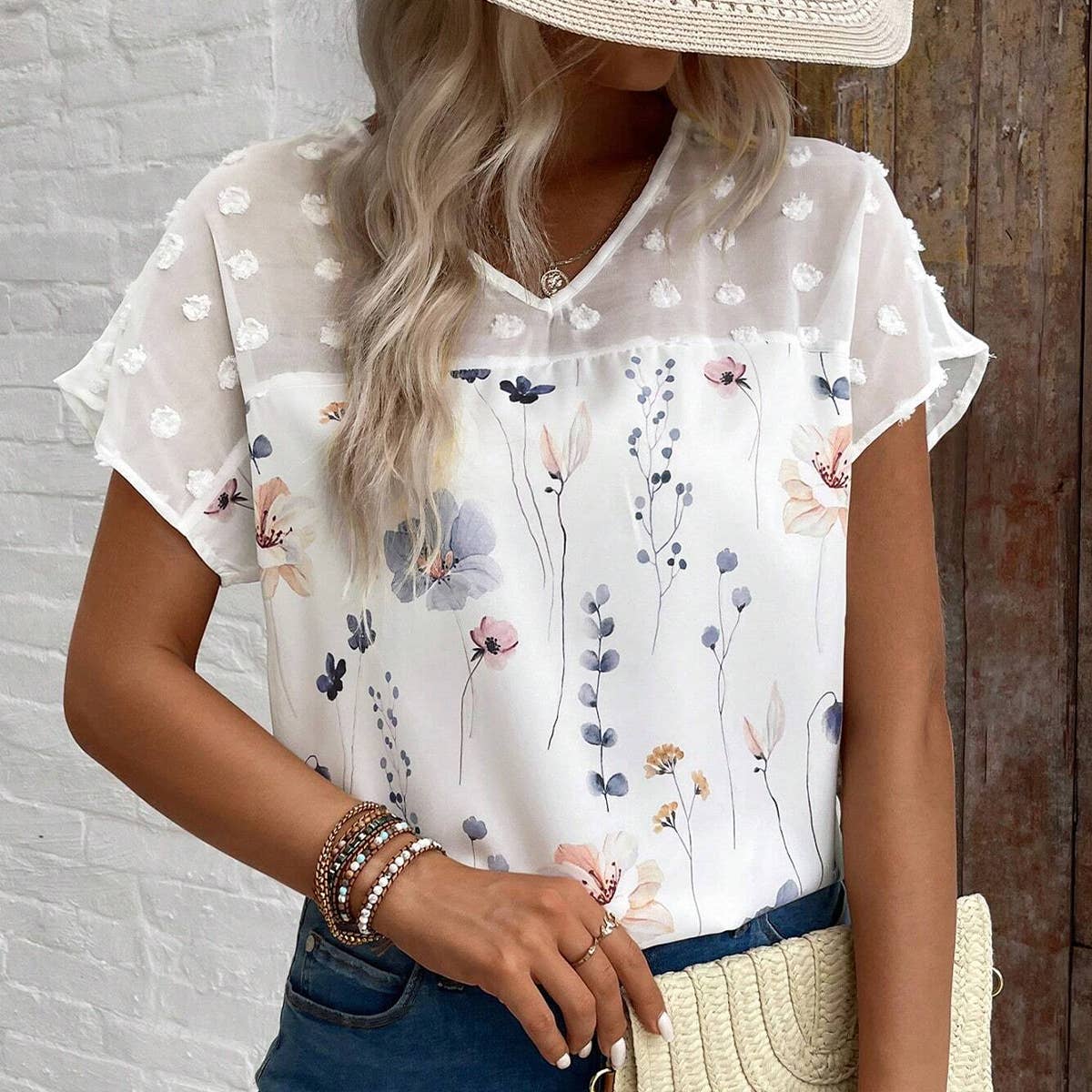 V-NECK PRINTED LACE PATCHWORK SHORT-SLEEVED TOP
