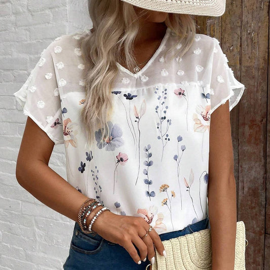 V-NECK PRINTED LACE PATCHWORK SHORT-SLEEVED TOP