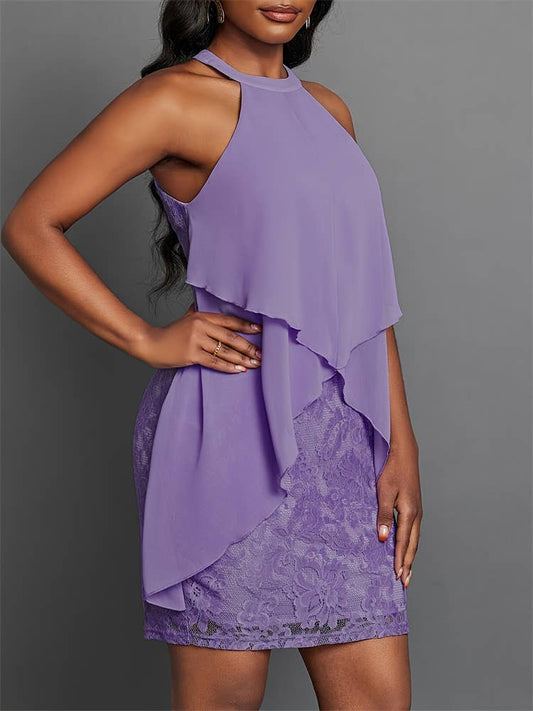 Neckline lace slim-fit solid color hip wrap dress