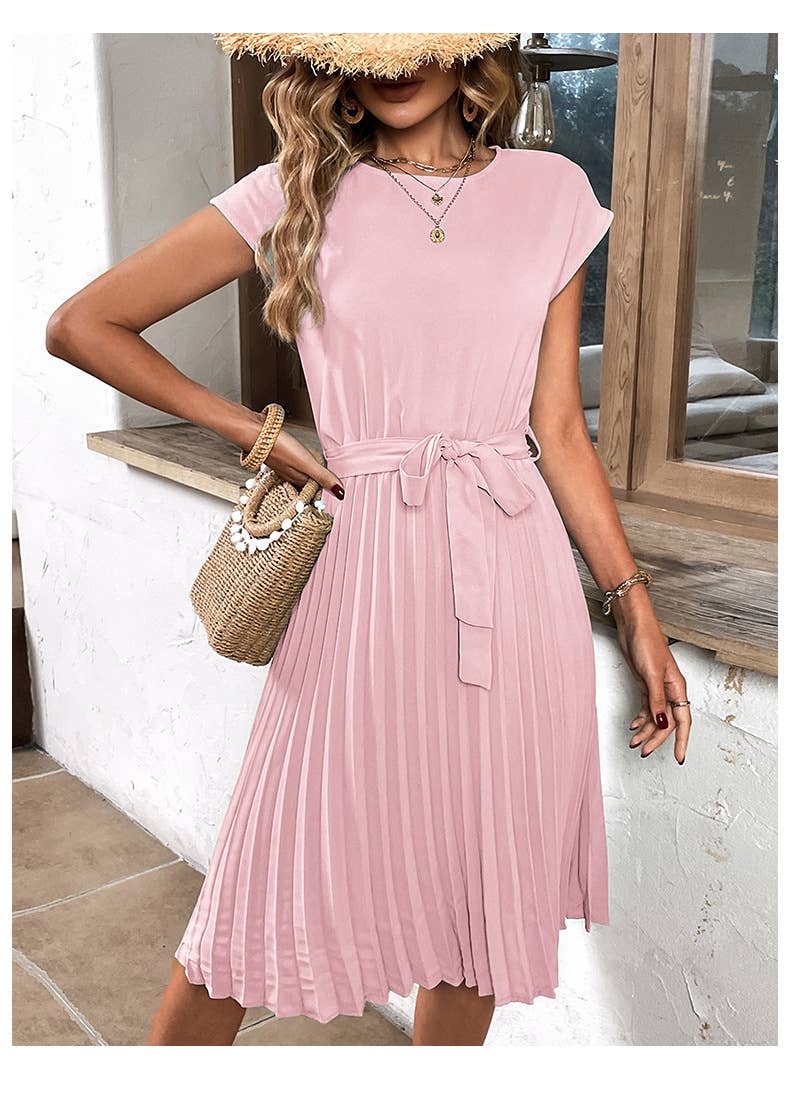 Lace-up solid color pleated dress
