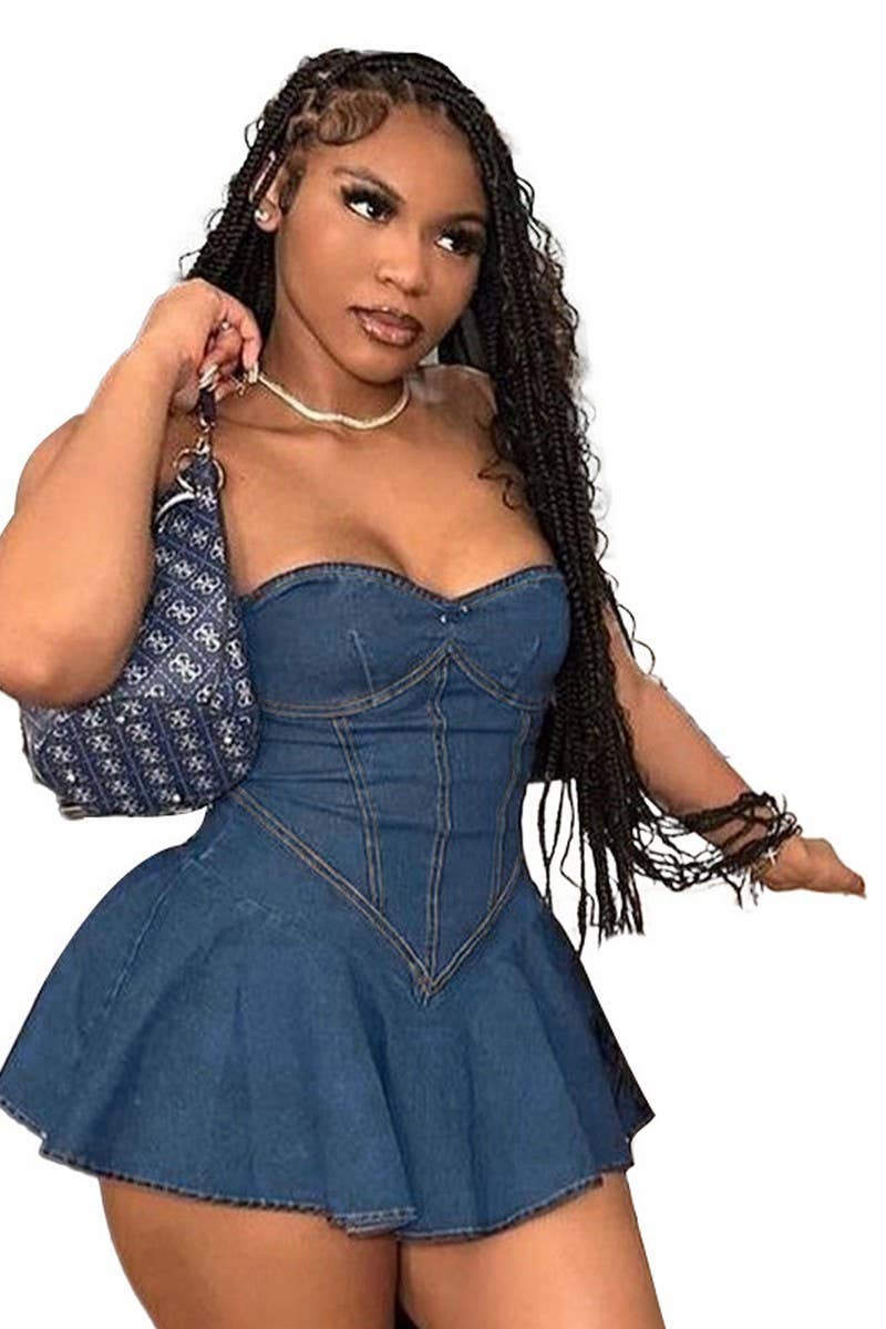 CWDTD0389_STRAPLESS FAUX DENIM HIP-HUGGING DRESS