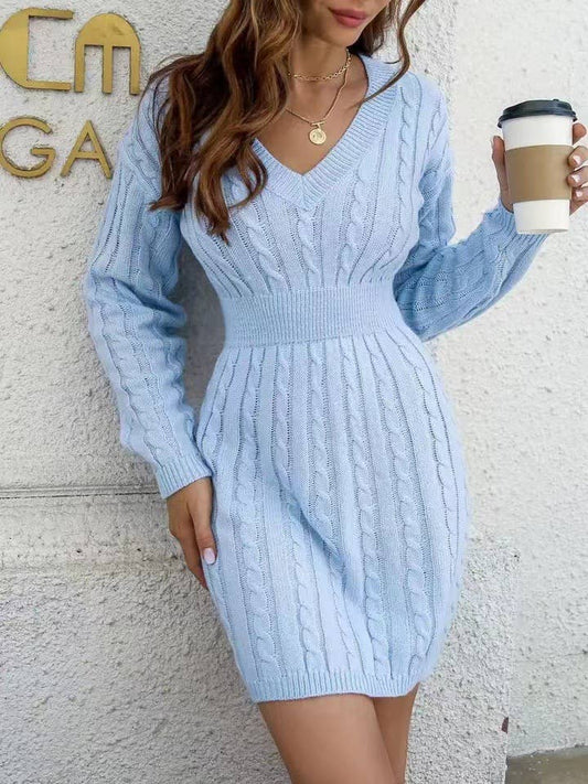 SEXY TIGHT V-NECK TWIST WRAPPED HIP SWEATER DRESS