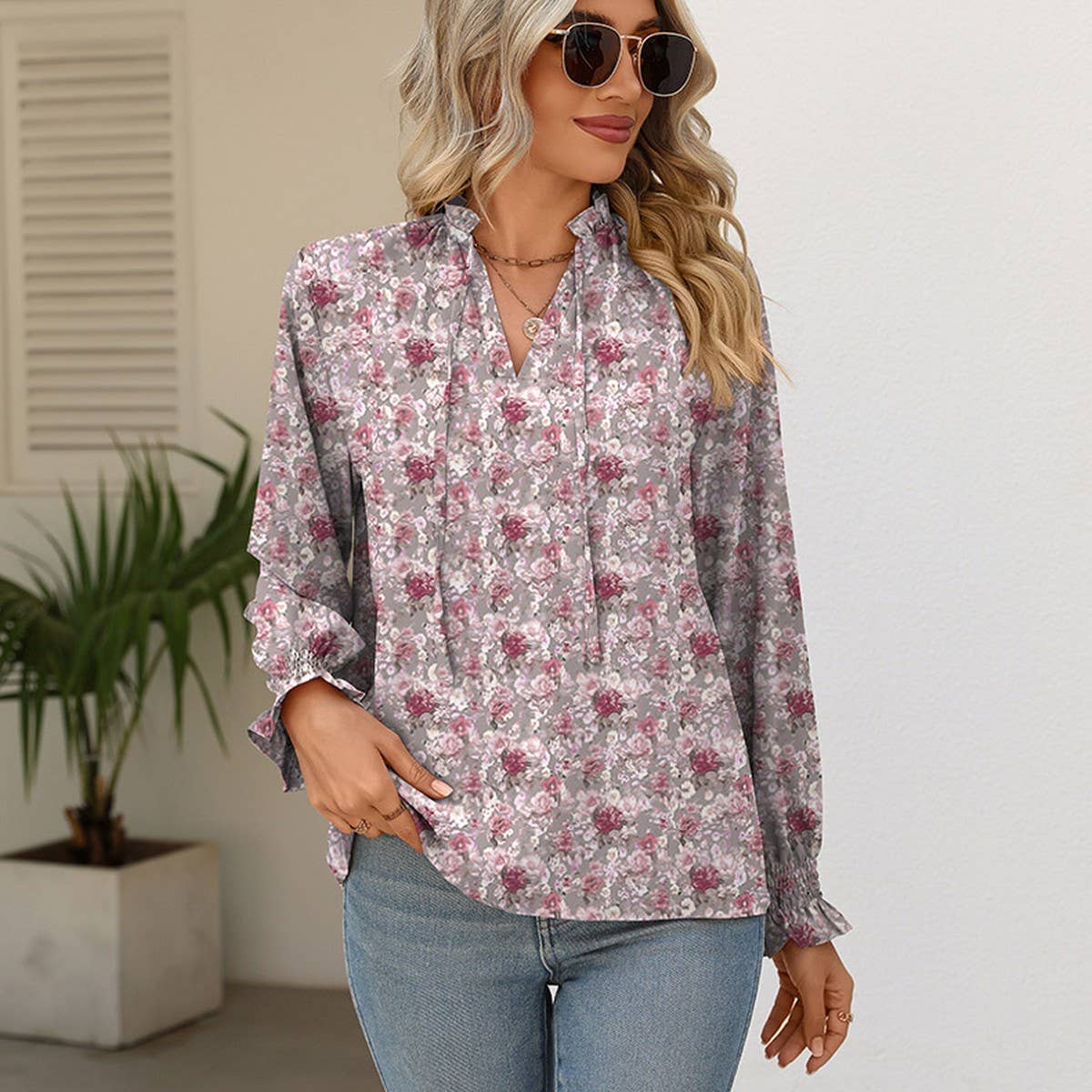 V-neck lace-up printed stand-up collar shirt