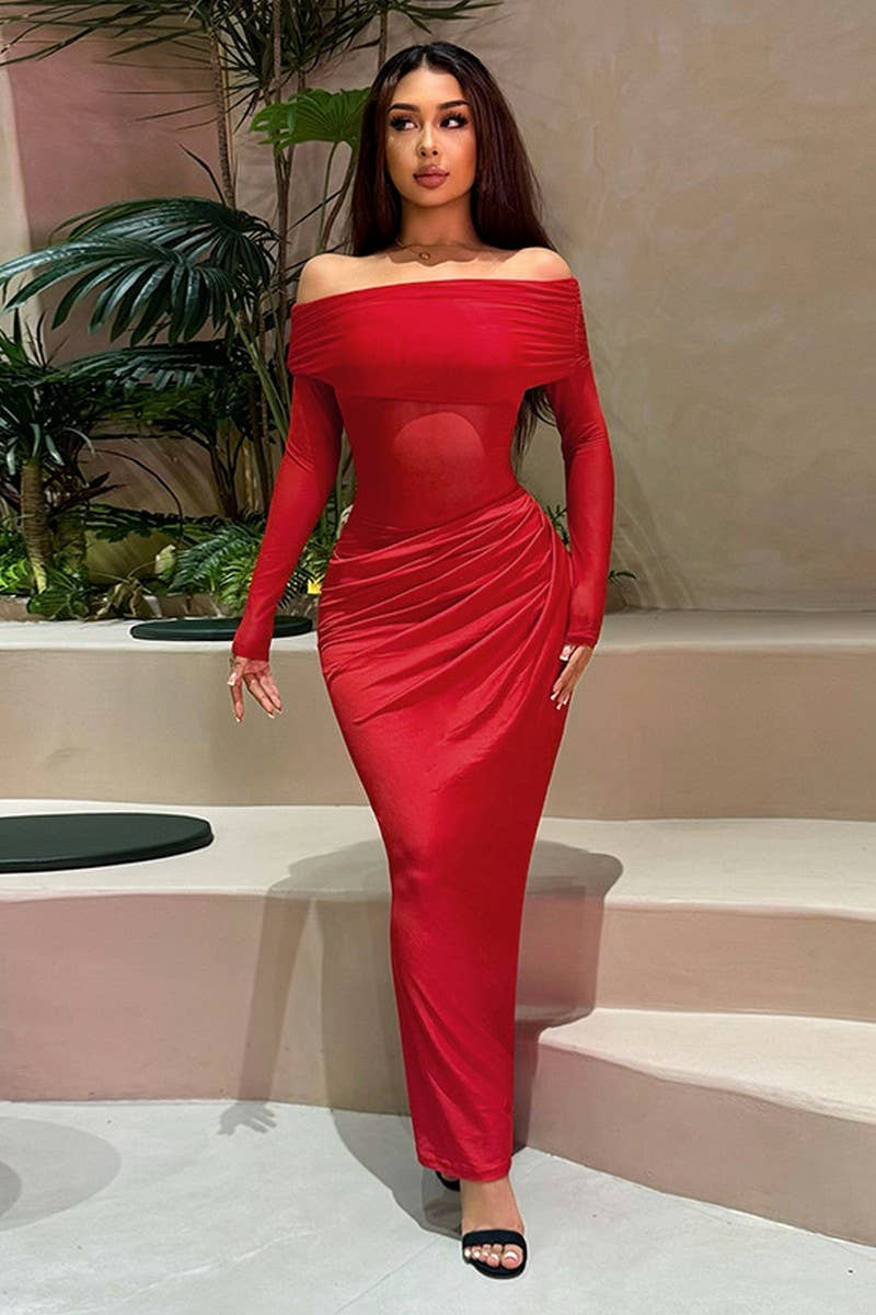 CWDMD4232_SOLID COLOR ONE SHOULDER MESH HOLLOW DRESS