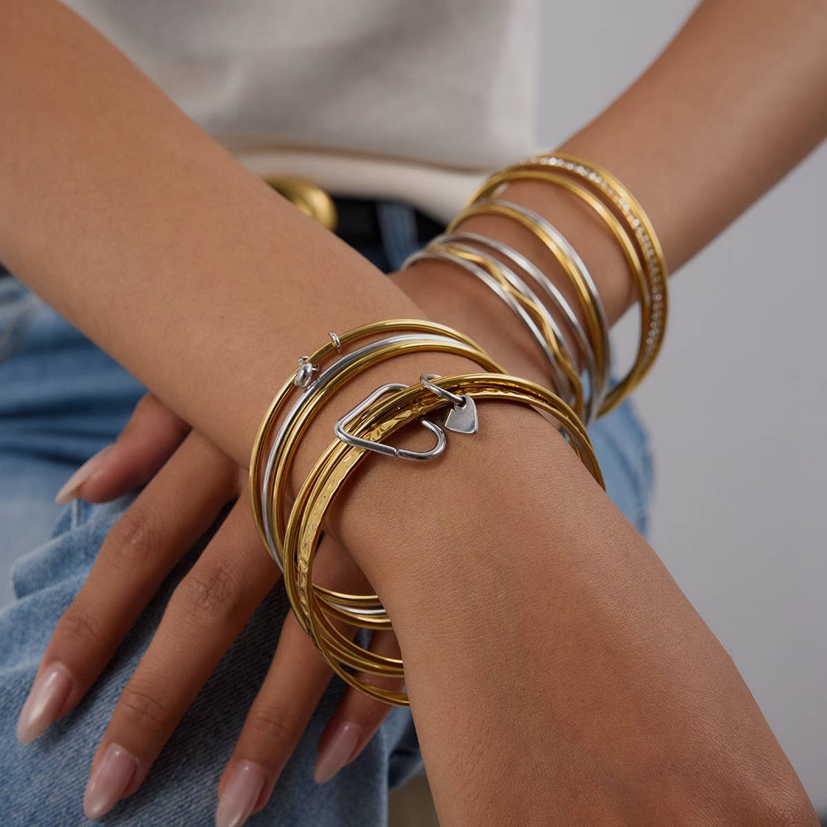 Stacked Titanium Steel Bangles for Layered Look_CWAJE4781