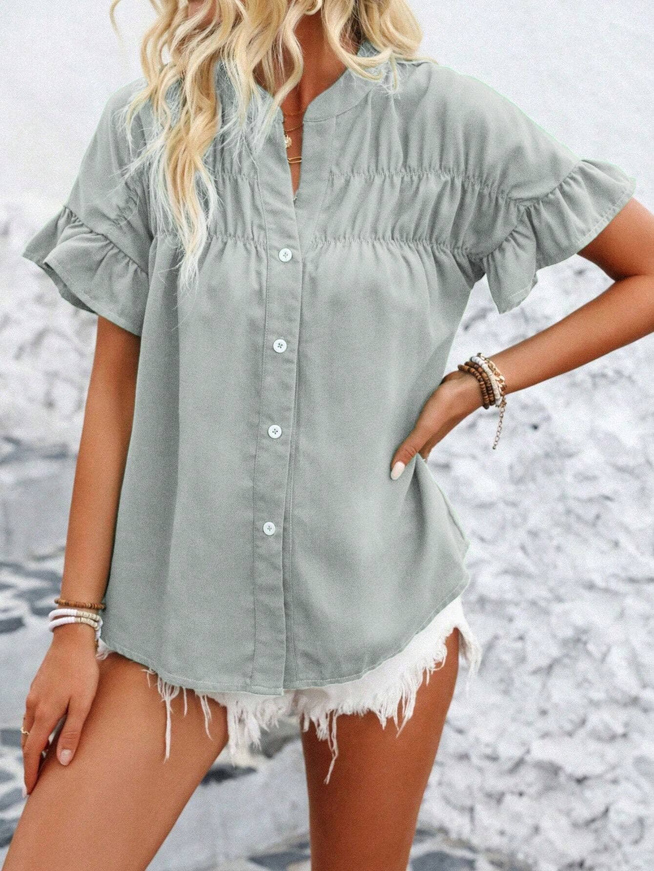 Women¡¯s casual pleated button-down linen shirt