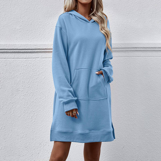 Hooded long-sleeved kangaroo pocket split dress