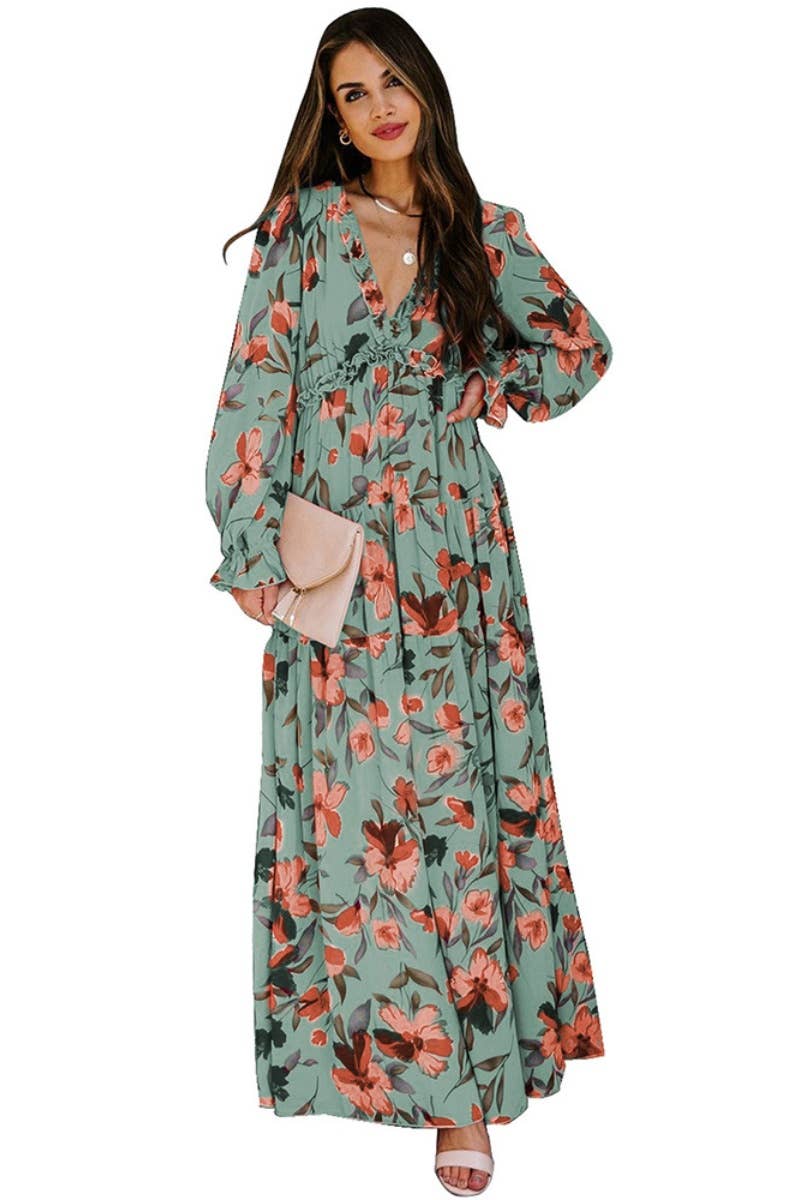 CWDMD2958_RUFFLED TIERED LONG-SLEEVED V-NECK FLORAL DRESS