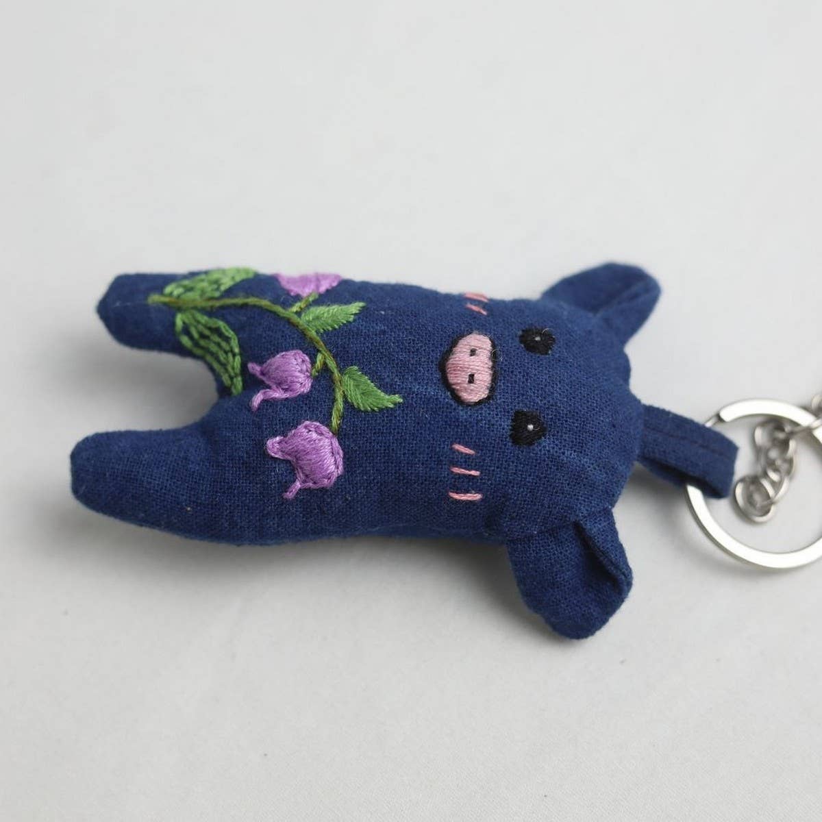 Hand-Embroidered Blue Dye Pig Plush Keychain