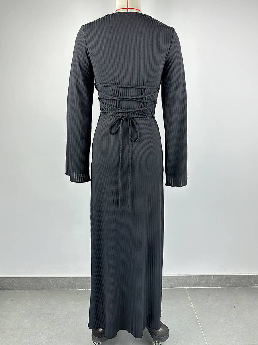 Big Pit Strip Long Sleeve U-Neck Dress_Cwdmd3185