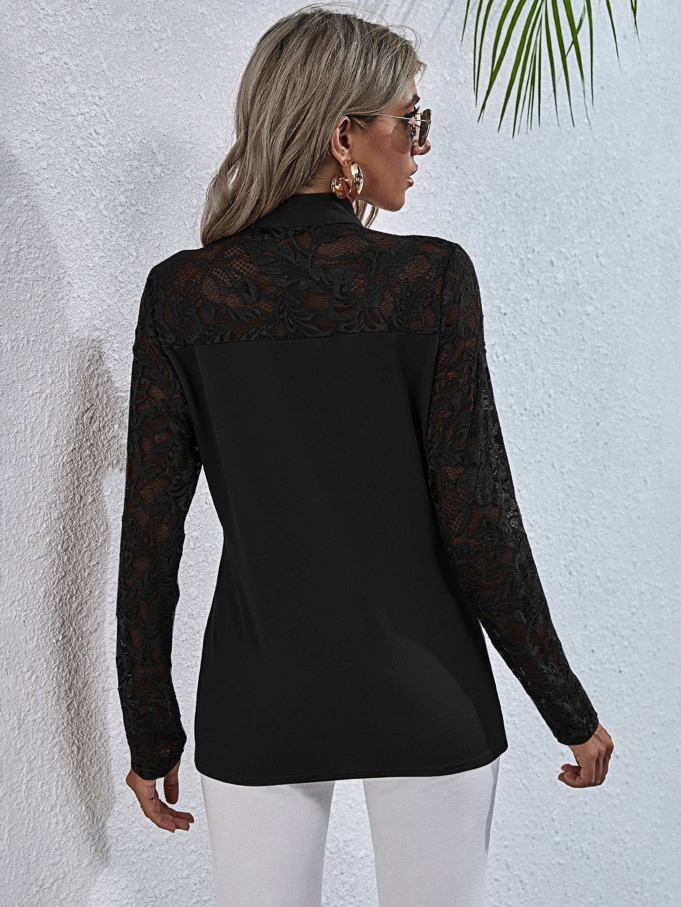 Solid-color lace patchwork long-sleeved shirt