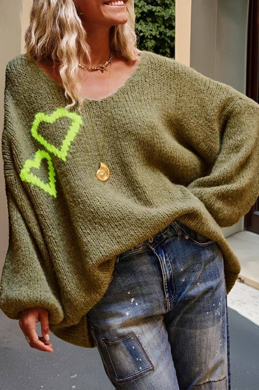 CWOSWL07445_HEART PRINT V NECK CASUAL LOOSE KNIT SWEATER