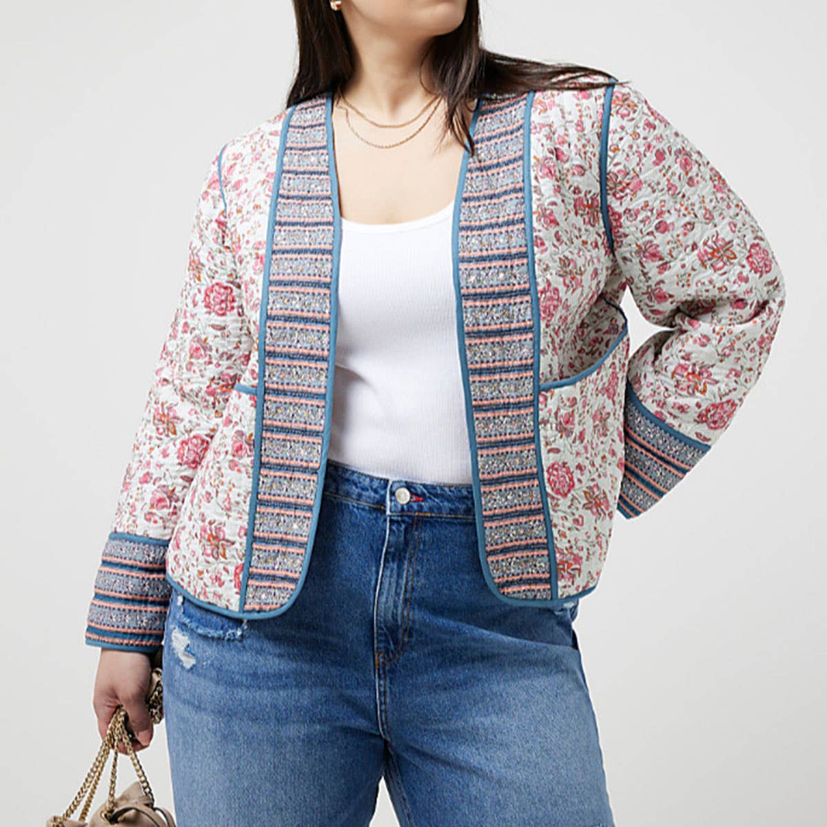 V-NECK CARDIGAN COLORBLOCK PRINT QUILTED JACKET