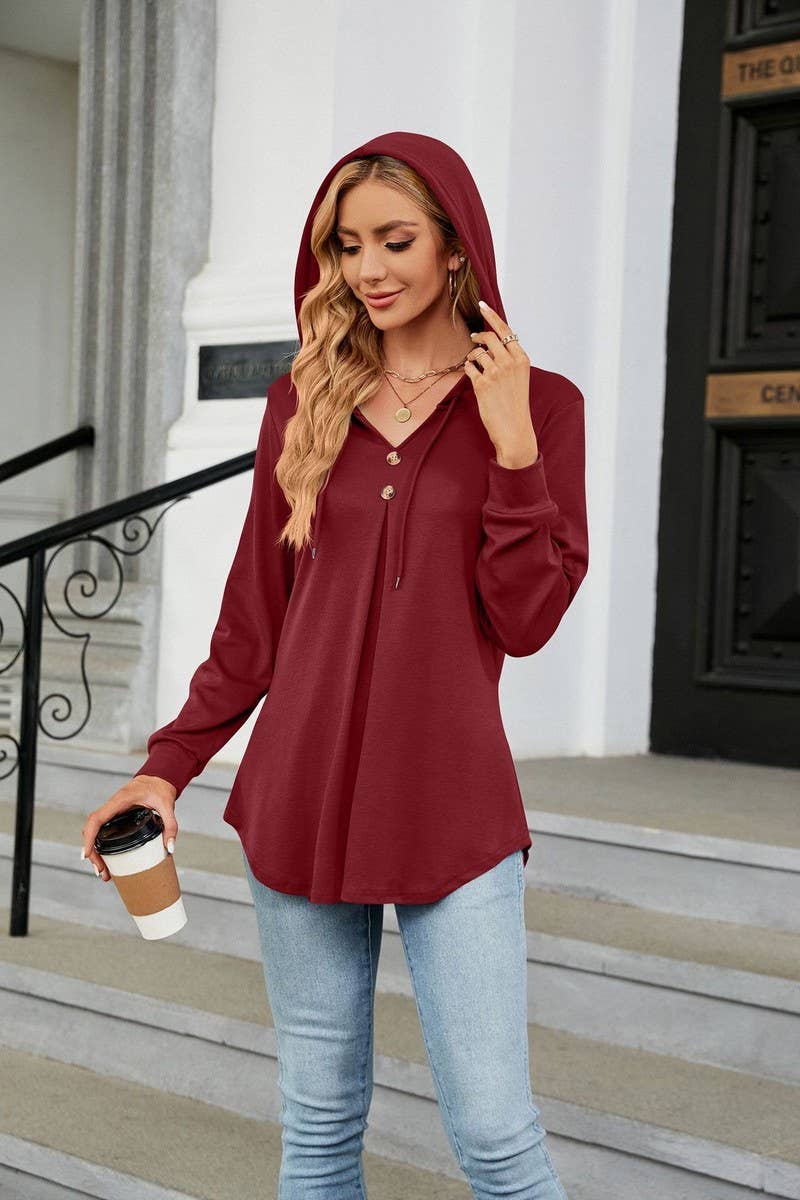 CWOHOL0932_SOLID COLOR V-NECK BUTTON HOODED LOOSE SWEATSHIRT