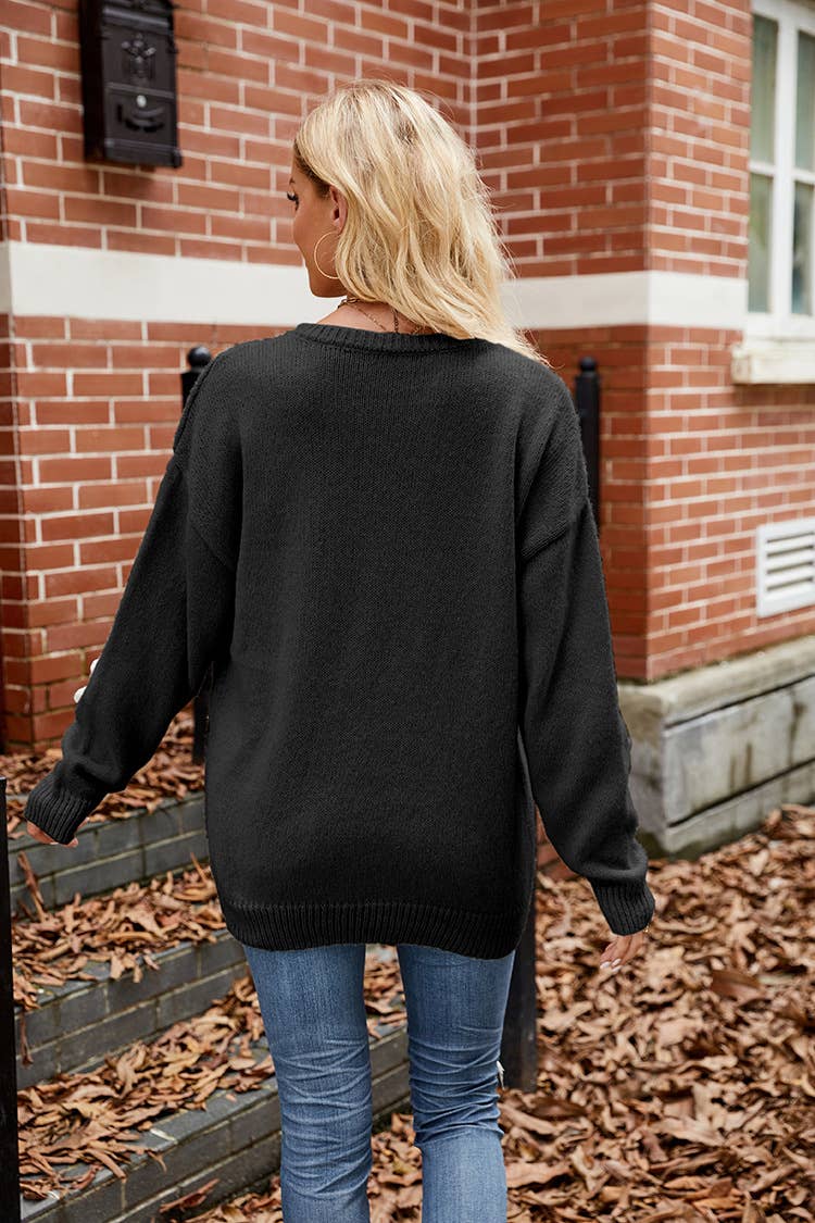 SLOUCHY ROUND NECK FLOWER STEREO CROCHET SWEATER