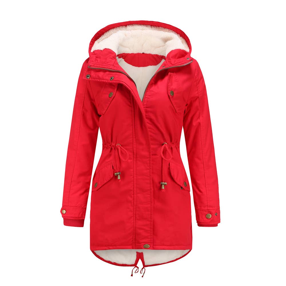 Solid color hooded parka thick fleece jacket