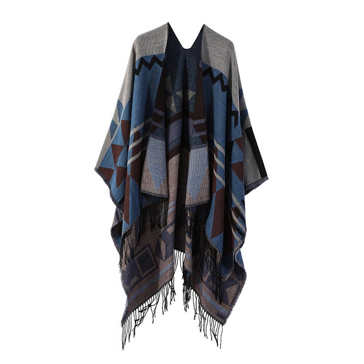 FRINGED GEOMETRIC PATTERN SHAWL SLIT CAPE SCARF