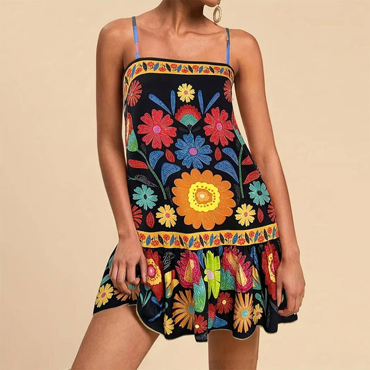 Fashion digital printed sunflower halter dress