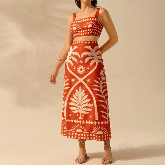 Printed short strappy top and long dress suit
