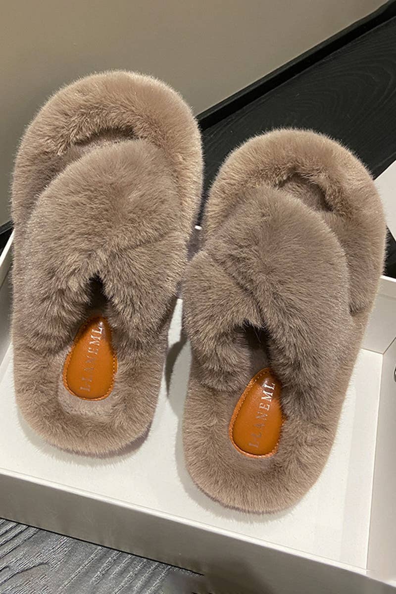 THICK SOLE CROSS STRAP FLUFFY BEDROOM SLIPPERS