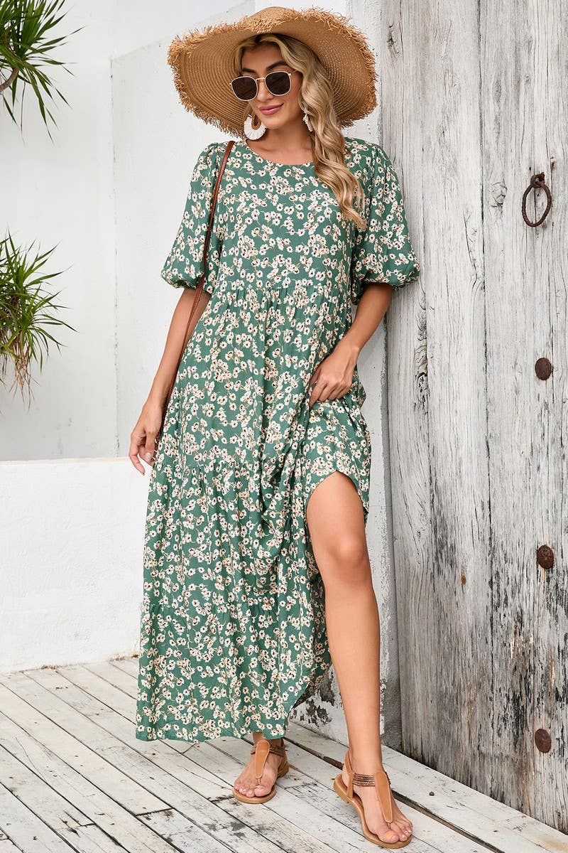 CWDMD4104_LOOSE ROUND NECK SHORT SLEEVE FLORAL DRESS