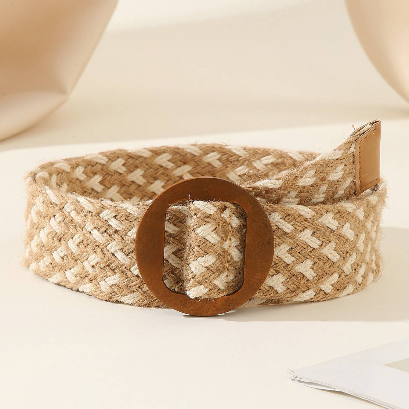 Wooden buckle cotton and linen style woven belt