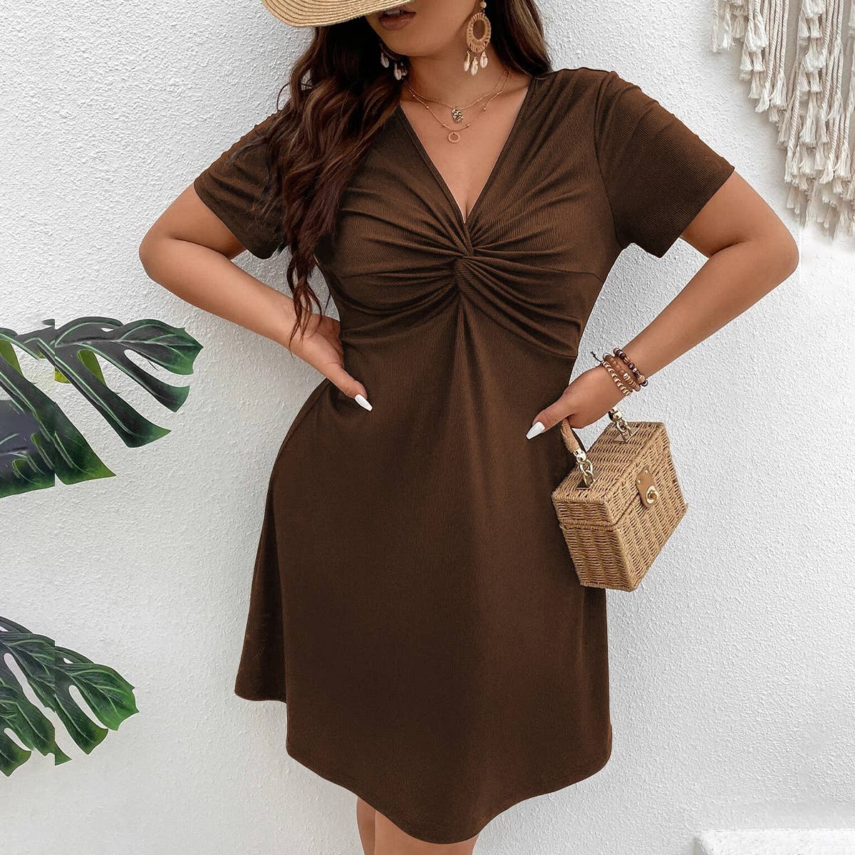 V NECK A LINE KNOT SOLID COLOR SHORT DRESS_CWDSD3299