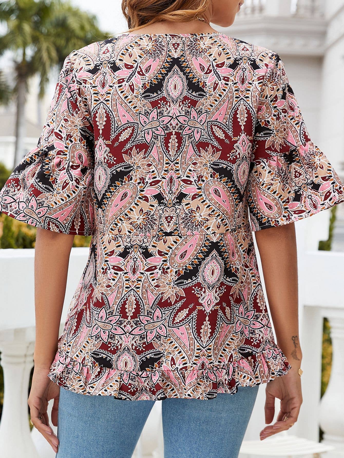 V-NECK PRINTED CASUAL FLARED SLEEVE BLOUSE