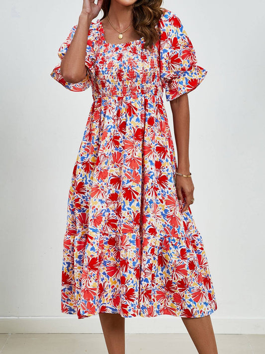 Print pleated square collar puffed sleeves dress