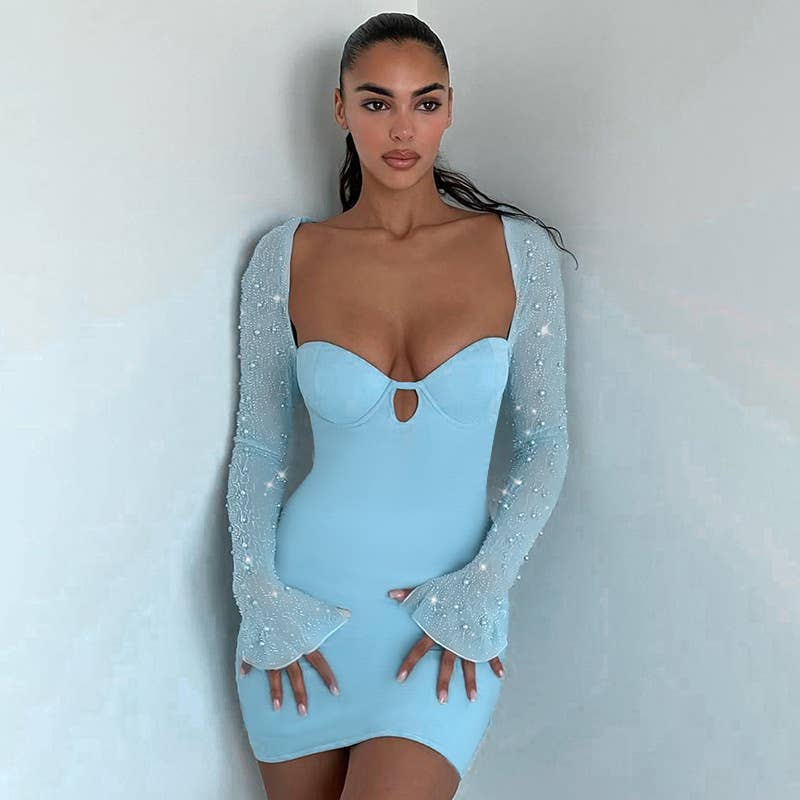 Sexy Beaded Long Sleeve Bodycon Mini Dress