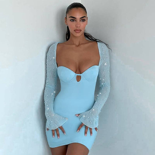 Sexy Beaded Long Sleeve Bodycon Mini Dress
