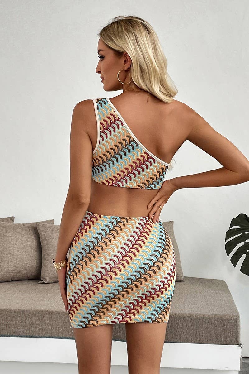 CWDSD8738_STRIPED ONE-SHOULDER CUTOUT BODYCON DRESS