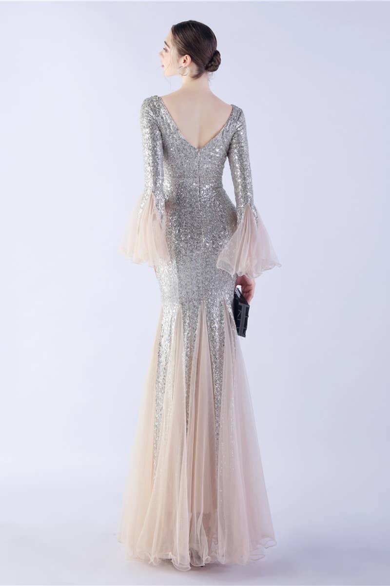 CWDMD3627_WAVY MESH BANQUET STAGE SEQUIN DRESS DRESS LONG