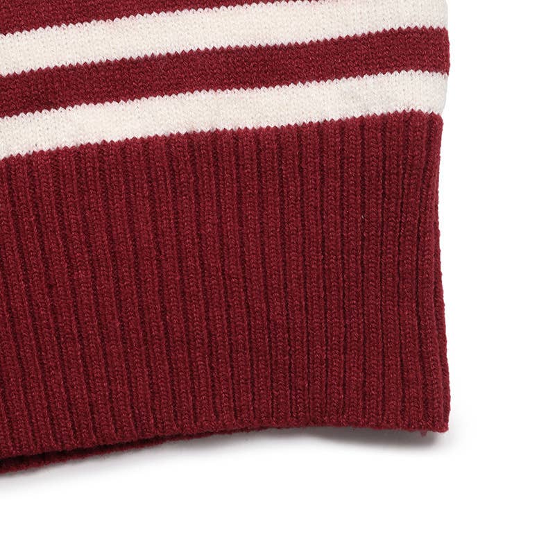 V-NECK STRIPED PULLOVER HALF-ZIP HOODED SWEATER