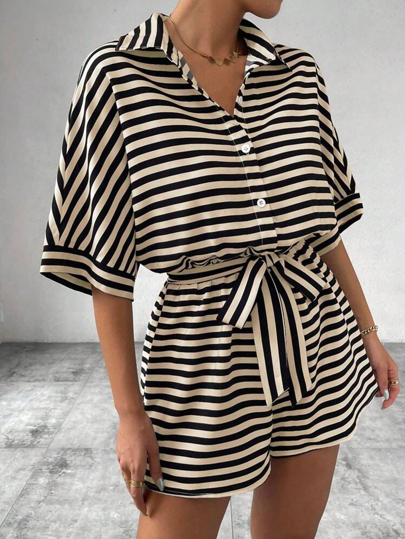 Loose casual striped cinched-waist jumpsuit