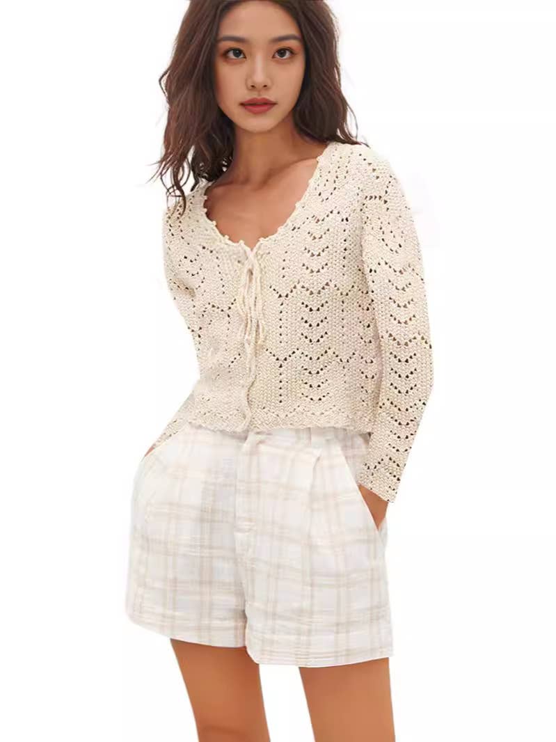 SEXY V-NECK HOLLOWED OUT SOLID COLOR CARDIGAN