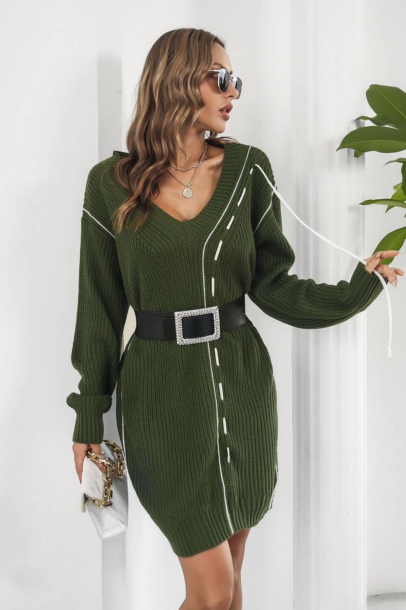 CWDSD7333_LOOSE NEW V-NECK LONG-SLEEVED SWEATER DRESS