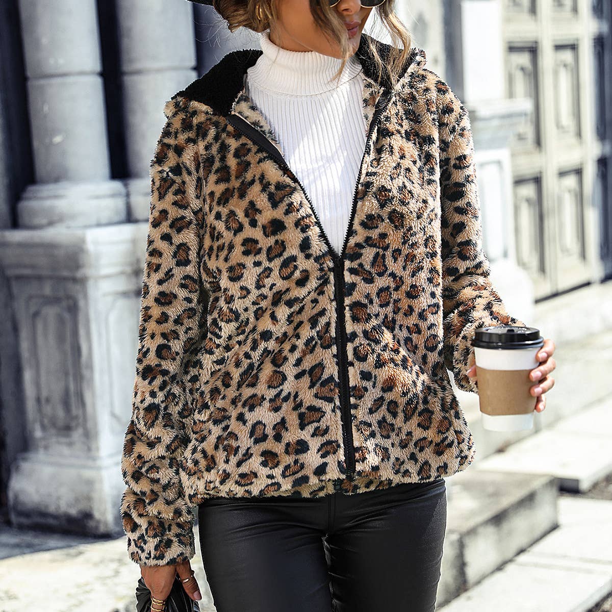 LEOPARD PRINT FLEECE LOOSE CASUAL JACKET