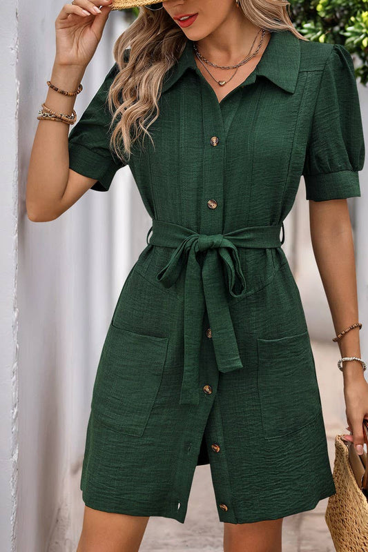 CWDSD6689_SOLID COLOR LAPEL SHORT-SLEEVED SHIRT DRESS