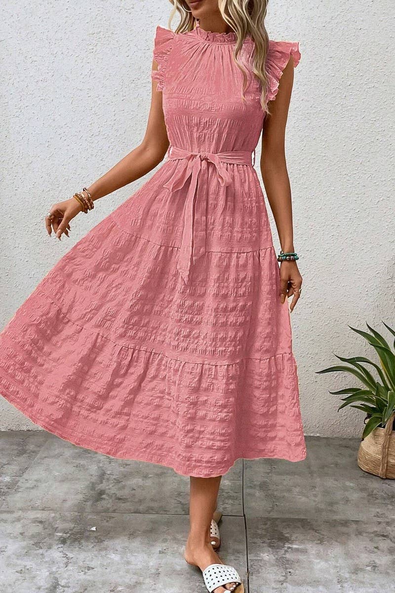 CWDMD4952_SUMMER RUFFLED FLYING SLEEVES TEXTURED DRESS
