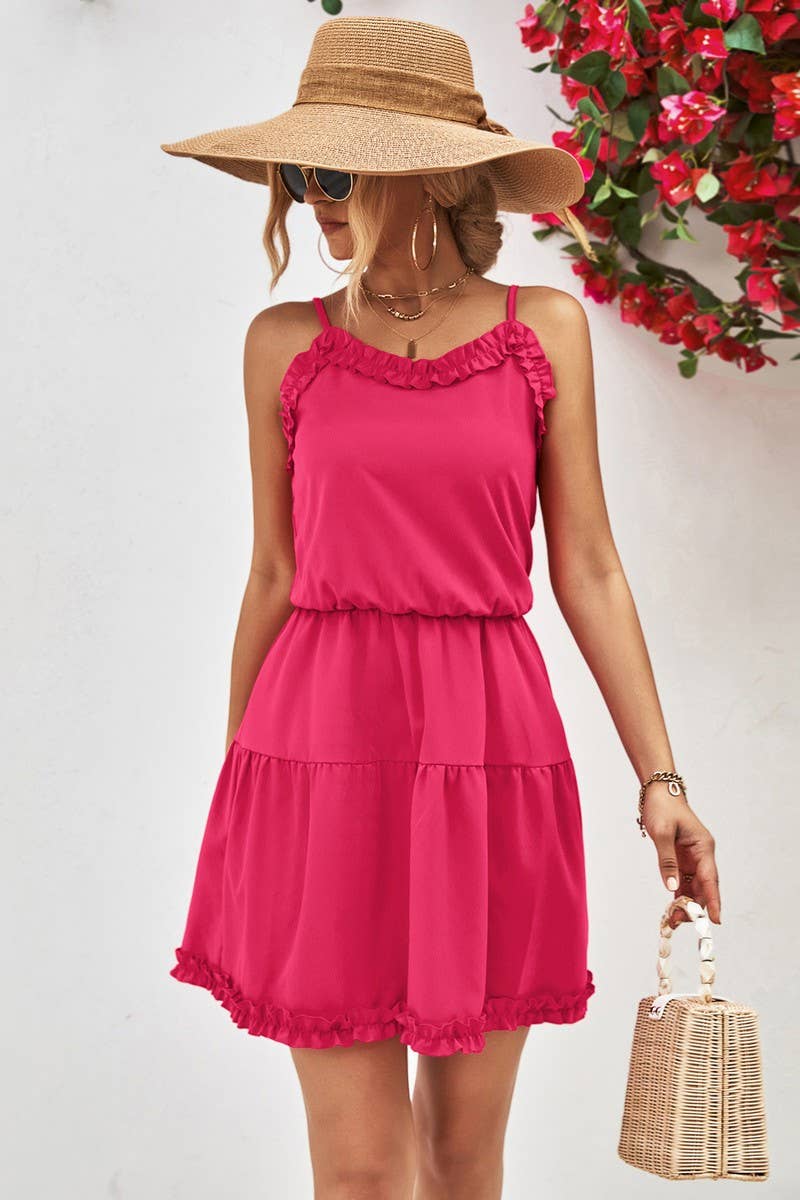 CWDSD4953_SOLID COLOR SUSPENDER RUFFLE DRESS